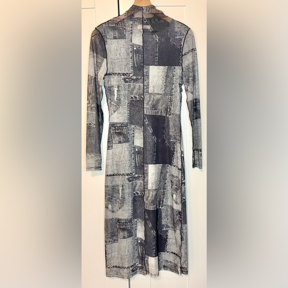 INTEMPO Graphic Patchwork Denim-Print Mesh Midi Dress - Picture 2 of 8